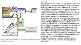 Abstract
Hard lignocellulosic structure of wheat straw is the main
hindrance in its anaerobic digestion. Thus, a laboratory
scale batch experiment was conducted to study the
effect of thermal pretreatment on anaerobic digestion
of wheat straw. For this purpose, different thermal
pretreatment temperatures of 120, 140, 160 and 180 °C
were studied and the results were compared with raw
wheat straw. Significant differences in biogas
production were observed at temperature higher than
160 °C. Highest biogas yield of 615 Nml/gVS and volatile
solids reduction of 69% was observed from wheat
straw pretreated at 180 °C. Wheat straw pretreated at
180 °C showed 53% higher biogas yield as compared to
untreated. Further, FTIR analysis revealed change in
chemical bonds of lignocellulosic structure of wheat
straw. Modified Gompertz model was best fitted on
biogas production data and predicted shorter lag phase
time and higher biogas production as the pretreatment
temperature increased. Overall, change in
lignocellulosic structure and increase in cellulose
content were the main reason in enhancing biogas
production.
https://www.sciencedirect.com/science/article/pii/S03
01479718305309
 