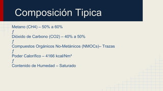 Composición Tipica
Metano (CH4) – 50% a 60%
ƒ
Dióxido de Carbono (CO2) – 40% a 50%
ƒ
Compuestos Orgánicos No-Metánicos (NMOCs)– Trazas
ƒ
Poder Calorífico – 4166 kcal/Nm³
ƒ
Contenido de Humedad – Saturado
 