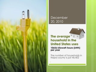 The average household in the United States uses 10656 kilowatt-hours (kWh) per year The number of households in Napa county is just 45,402 December 18, 2010 1 