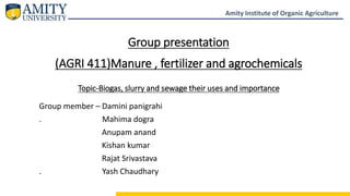 Amity Institute of Organic Agriculture
Group presentation
(AGRI 411)Manure , fertilizer and agrochemicals
Topic-Biogas, slurry and sewage their uses and importance
Group member – Damini panigrahi
. Mahima dogra
Anupam anand
Kishan kumar
Rajat Srivastava
. Yash Chaudhary
 