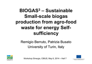 BIOGAS3 – Sustainable
Small-scale biogas
production from agro-food
waste for energy Self-
sufficiency
Remigio Berruto, Patrizia Busato
University of Turin, Italy
Workshop Sinergia, CIBUS, May 6, 2014 – Hall 7
 