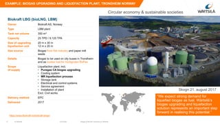 © Wärtsilä17
EXAMPLE: BIOGAS UPGRADING AND LIQUEFACTION PLANT, TRONDHEIM NORWAY
“We expect strong demand for
liquefied biogas as fuel. Wärtsilä’s
biogas upgrading and liquefaction
solution represents an important step
forward in realising this potential.”
Biokraft LBG (bioLNG, LBM)
Owner Biokraft AS, Norway
Type LBM plant
Tank net volume 350 m3
Capacity 25 TPD / 9,125 TPA
Size of upgrading
liquefaction unit
20 m x 30 m
12 m x 20 m
Gas source Biogas from fish industry and paper mill
waste
Details Biogas to be used on city buses in Trondheim
and as bunker fuel for Hurtigruten RoPax
Scope
of supply
Liquefaction plant, incl.
• Puregas CA biogas upgrading
• Cooling system
• MR liquefaction process
• Storage tank
• Electrical and control systems
• Service agreement
• Installation of plant
Excl. Civil works
Delivery method EPC
Delivered 2017
Skogn 21. august 2017
https://www.Biokraft.no/biokraft-skogn
16.9.2020 Biogas & BioLNG solutions by Wärtsilä
Circular economy & sustainable societies
 