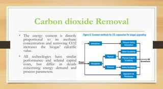 Carbon dioxide Removal
• The energy content is directly
proportional to its methane
concentration and removing CO2
increases the biogas’ calorific
value.
• All technologies have similar
performance and related capital
costs, but differ in details
concerning energy demand and
process parameters.
 