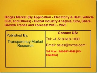 Biogas Market (By Application - Electricity & Heat, Vehicle
Fuel, and Others) - Global Industry Analysis, Size, Share,
Growth Trends and Forecast 2015 - 2023
Published By:
Transparency Market
Research
Contact US:
Tel: +1-518-618-1030
Email: sales@mrrse.com
Toll Free : 866-997-4948 (US-
CANADA)
 