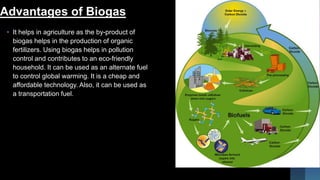 Advantages of Biogas
• It helps in agriculture as the by-product of
biogas helps in the production of organic
fertilizers. Using biogas helps in pollution
control and contributes to an eco-friendly
household. It can be used as an alternate fuel
to control global warming. It is a cheap and
affordable technology. Also, it can be used as
a transportation fuel.
 