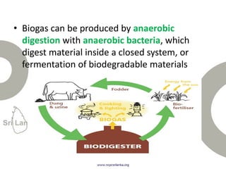 • Biogas can be produced by anaerobic
digestion with anaerobic bacteria, which
digest material inside a closed system, or
fermentation of biodegradable materials
 