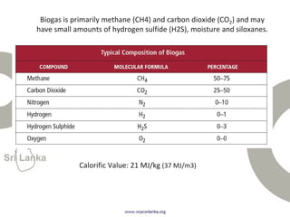 Biogas is primarily methane (CH4) and carbon dioxide (CO2) and may
have small amounts of hydrogen sulfide (H2S), moisture and siloxanes.
Calorific Value: 21 MJ/kg (37 MJ/m3)
 