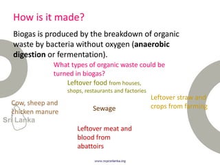 Biogas is produced by the breakdown of organic
waste by bacteria without oxygen (anaerobic
digestion or fermentation).
How is it made?
Leftover food from houses,
shops, restaurants and factories
Cow, sheep and
chicken manure Sewage
Leftover meat and
blood from
abattoirs
Leftover straw and
crops from farming
What types of organic waste could be
turned in biogas?
 
