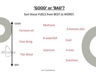 ‘GOOD’ or ‘BAD’?
Sort these FUELS from BEST to WORST.
Methane
Coal
The Wind
Cow dung
A banana skin
A tree
Sunshine
A waterfall
Furnace oil
Uranium
GOOD
BAD
 