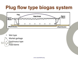 Plug flow type biogas system
• Wet type
• Market garbage
• Continuous type
• Fixed dome
 