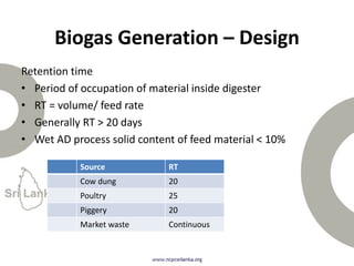 Retention time
• Period of occupation of material inside digester
• RT = volume/ feed rate
• Generally RT > 20 days
• Wet AD process solid content of feed material < 10%
Biogas Generation – Design
Source RT
Cow dung 20
Poultry 25
Piggery 20
Market waste Continuous
 