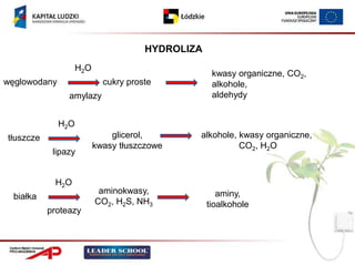 HYDROLIZA
                    H2O
                                                   kwasy organiczne, CO2,
węglowodany                 cukry proste           alkohole,
                amylazy                            aldehydy


              H2O
tłuszcze                      glicerol,       alkohole, kwasy organiczne,
                          kwasy tłuszczowe              CO2, H2O
            lipazy


            H2O
                           aminokwasy,               aminy,
  białka
                          CO2, H2S, NH3           tioalkohole
           proteazy
 