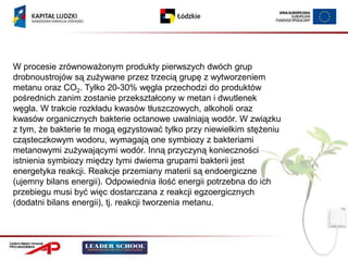W procesie zrównoważonym produkty pierwszych dwóch grup
drobnoustrojów są zużywane przez trzecią grupę z wytworzeniem
metanu oraz CO2. Tylko 20-30% węgla przechodzi do produktów
pośrednich zanim zostanie przekształcony w metan i dwutlenek
węgla. W trakcie rozkładu kwasów tłuszczowych, alkoholi oraz
kwasów organicznych bakterie octanowe uwalniają wodór. W związku
z tym, że bakterie te mogą egzystować tylko przy niewielkim stężeniu
cząsteczkowym wodoru, wymagają one symbiozy z bakteriami
metanowymi zużywającymi wodór. Inną przyczyną konieczności
istnienia symbiozy między tymi dwiema grupami bakterii jest
energetyka reakcji. Reakcje przemiany materii są endoergiczne
(ujemny bilans energii). Odpowiednia ilość energii potrzebna do ich
przebiegu musi być więc dostarczana z reakcji egzoergicznych
(dodatni bilans energii), tj. reakcji tworzenia metanu.
 