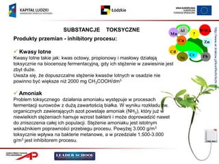 http://www.ar.krakow.pl/konf/kchr/kchr.htm
                      SUBSTANCJE          TOKSYCZNE
Produkty przemian - inhibitory procesu:

 Kwasy lotne
Kwasy lotne takie jak: kwas octowy, propionowy i masłowy działają
toksycznie na biocenozę fermentacyjną, gdy ich stężenie w zawiesinie jest
zbyt duże.
Uważa się, że dopuszczalne stężenie kwasów lotnych w osadzie nie
powinno być większe niż 2000 mg CH3COOH/dm3

 Amoniak
Problem toksycznego działania amoniaku występuje w procesach
fermentacji surowców z dużą zawartością białka. W wyniku rozkładu zw.
organicznych zawierających azot powstaje amoniak (NH3), który już w
niewielkich stężeniach hamuje wzrost bakterii i może doprowadzić nawet
do zniszczenia całej ich populacji. Stężenie amoniaku jest istotnym
wskaźnikiem poprawności przebiegu procesu. Powyżej 3.000 g/m3
toksycznie wpływa na bakterie metanowe, a w przedziale 1.500-3.000
g/m3 jest inhibitorem procesu.
 