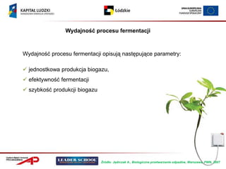 Wydajność procesu fermentacji



Wydajność procesu fermentacji opisują następujące parametry:

 jednostkowa produkcja biogazu,
 efektywność fermentacji
 szybkość produkcji biogazu




                               Źródło: Jędrczak A., Biologiczne przetwarzanie odpadów, Warszawa, PWN, 2007
 