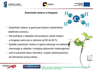 Zawartość metanu w biogazie




 Zawartość metanu w gazie jest dobrym wskaźnikiem
  stabilności procesu;
 Dla biofrakcji z odpadów komunalnych udział metanu
  w biogazie waha się w zakresie od 50 do 60 %;
 Spadek zawartości metanu w gazie wskazuje na zakłócenie
  równowagi w układzie i mniejszą aktywność metanogenów;
 Jest to parametr łatwo mierzalny i często wykorzystywany
  do sterowania pracą układu.



                                 Źródło: Jędrczak A., Biologiczne przetwarzanie odpadów, Warszawa, PWN, 2007
                                 http://www.tarimsal.net/?p=1399
 