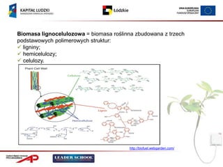 Biomasa lignocelulozowa = biomasa roślinna zbudowana z trzech
podstawowych polimerowych struktur:
 ligniny;
 hemicelulozy;
 celulozy.




                                        http://biofuel.webgarden.com/
 