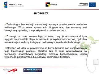 HYDROLIZA



Technologia fermentacji metanowej wymaga przetworzenia materiału
roślinnego. W procesie wytwarzania biogazu etap ten nazwany jest
biologiczną hydrolizą, a w praktyce – kiszeniem surowca.

Z uwagi na czas trwania tego procesu, przy jednoczesnym dużym
wpływie na pozostałe etapy fermentacji i jej wydajność końcową, hydroliza
uznawana jest za fazę limitującą i podnoszącą koszt całej technologii.

Stąd też, od kilku lat prowadzone są liczne badania nad usprawnieniem
tego kluczowego procesu. Ostatnie lata to czas wprowadzania do
technologii anaerobowej degradacji biomasy lignocelulozowej etapu
wstępnego przetwarzania biosurowca: chemicznej hydrolizy.
 
