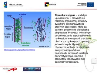 Obróbka wstępna – w dużym
                                                    uproszczeniu – prowadzi do
                                                    rozkładu organicznej struktury
                                                    związków polimerowych do
                                                    prostych cząsteczek, które są
                                                    bardziej podatne na biologiczną
                                                    degradację. Prowadzi tym samym
                                                    do zmniejszenia zapotrzebowania
                                                    na kosztowne enzymy i znacząco
                                                    obniża koszty kolejnych operacji
                                                    jednostkowych. Hydroliza
                                                    chemiczna wpływa na obniżenie
http://engj.org/index.php/ej/article/view/356/243   toksyczności produktów
                                                    pośrednich, szybkość rozkładu
                                                    enzymatycznego, stężenie
                                                    produktów końcowych i inne
                                                    parametry procesowe.
 
