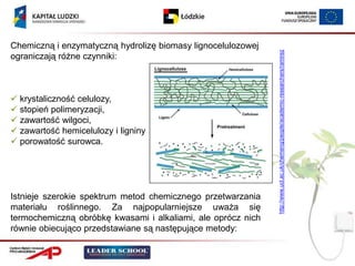 Chemiczną i enzymatyczną hydrolizę biomasy lignocelulozowej




                                                              http://www.ucl.ac.uk/chemeng/people/academic-researchers/ramirez
ograniczają różne czynniki:



 krystaliczność celulozy,
 stopień polimeryzacji,
 zawartość wilgoci,
 zawartość hemicelulozy i ligniny
 porowatość surowca.




Istnieje szerokie spektrum metod chemicznego przetwarzania
materiału roślinnego. Za najpopularniejsze uważa się
termochemiczną obróbkę kwasami i alkaliami, ale oprócz nich
równie obiecująco przedstawiane są następujące metody:
 