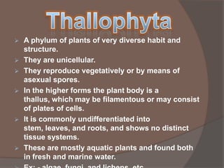 

A phylum of plants of very diverse habit and
structure.
 They are unicellular.
 They reproduce vegetatively or by means of
asexual spores.
 In the higher forms the plant body is a
thallus, which may be filamentous or may consist
of plates of cells.
 It is commonly undifferentiated into
stem, leaves, and roots, and shows no distinct
tissue systems.
 These are mostly aquatic plants and found both
in fresh and marine water.

 