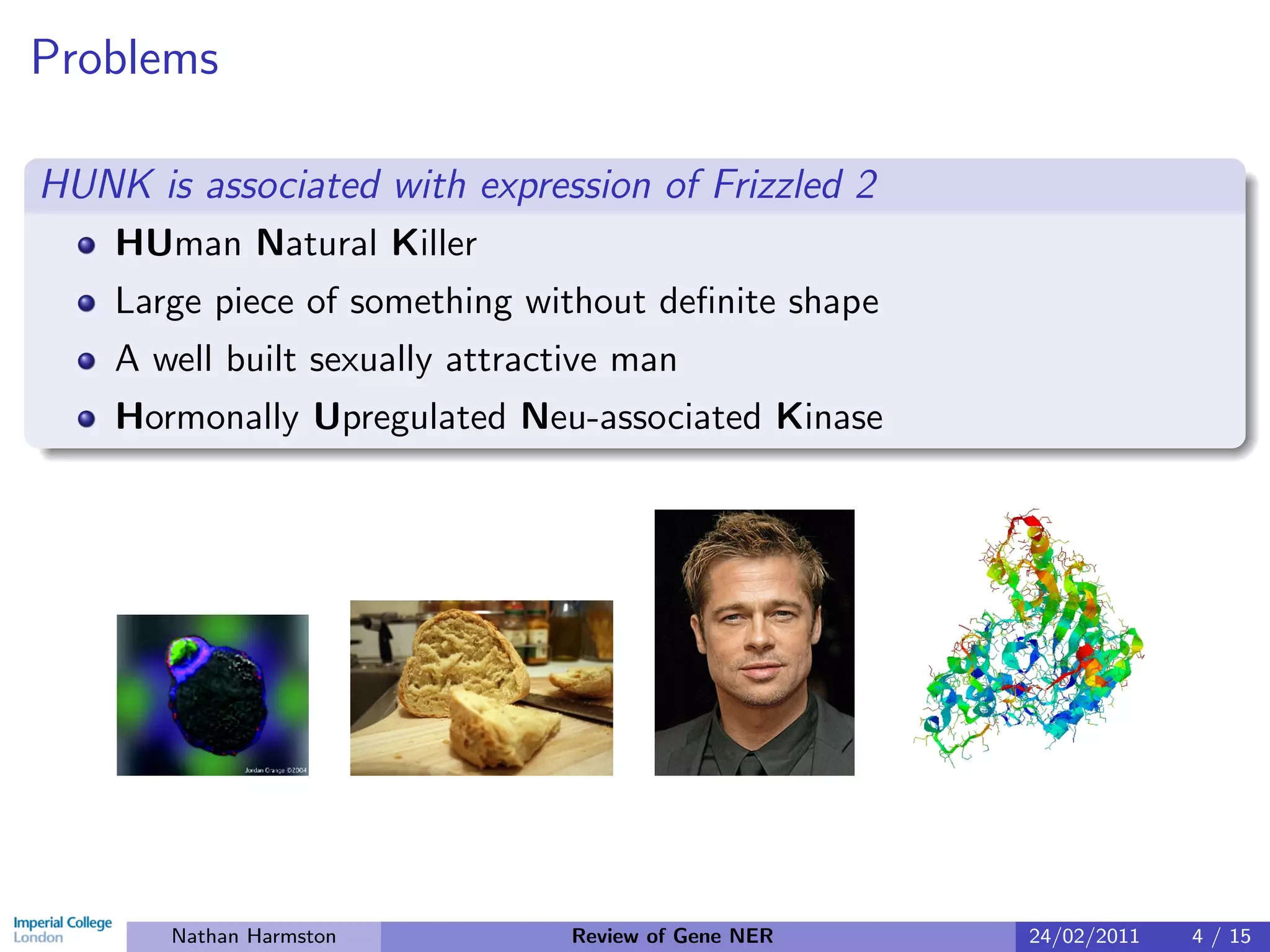 Problems

HUNK is associated with expression of Frizzled 2
    HUman Natural Killer
    Large piece of something without deﬁnite shape
    A well built sexually attractive man
    Hormonally Upregulated Neu-associated Kinase




       Nathan Harmston           Review of Gene NER   24/02/2011   4 / 15
 
