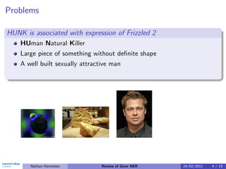 Problems

HUNK is associated with expression of Frizzled 2
    HUman Natural Killer
    Large piece of something without deﬁnite shape
    A well built sexually attractive man




       Nathan Harmston           Review of Gene NER   24/02/2011   4 / 15
 