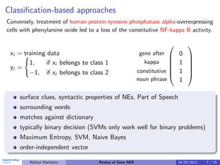 Classiﬁcation-based approaches
Conversely, treatment of human protein-tyrosine phosphatase alpha-overexpressing
cells with phenylarsine oxide led to a loss of the constitutive NF-kappa B activity.

                                                                           
 xi = training data                                        gene after
                                                                        0 
        1,    if xi belongs to class 1                       kappa      1 
 yi =                                                                     
        −1, if xi belongs to class 2                      constitutive  1 
                                                                          
                                                          noun phrase    1

     surface clues, syntactic properties of NEs, Part of Speech
     surrounding words
     matches against dictionary
     typically binary decision (SVMs only work well for binary problems)
     Maximum Entropy, SVM, Naive Bayes
     order-independent vector

         Nathan Harmston             Review of Gene NER                 24/02/2011   7 / 15
 