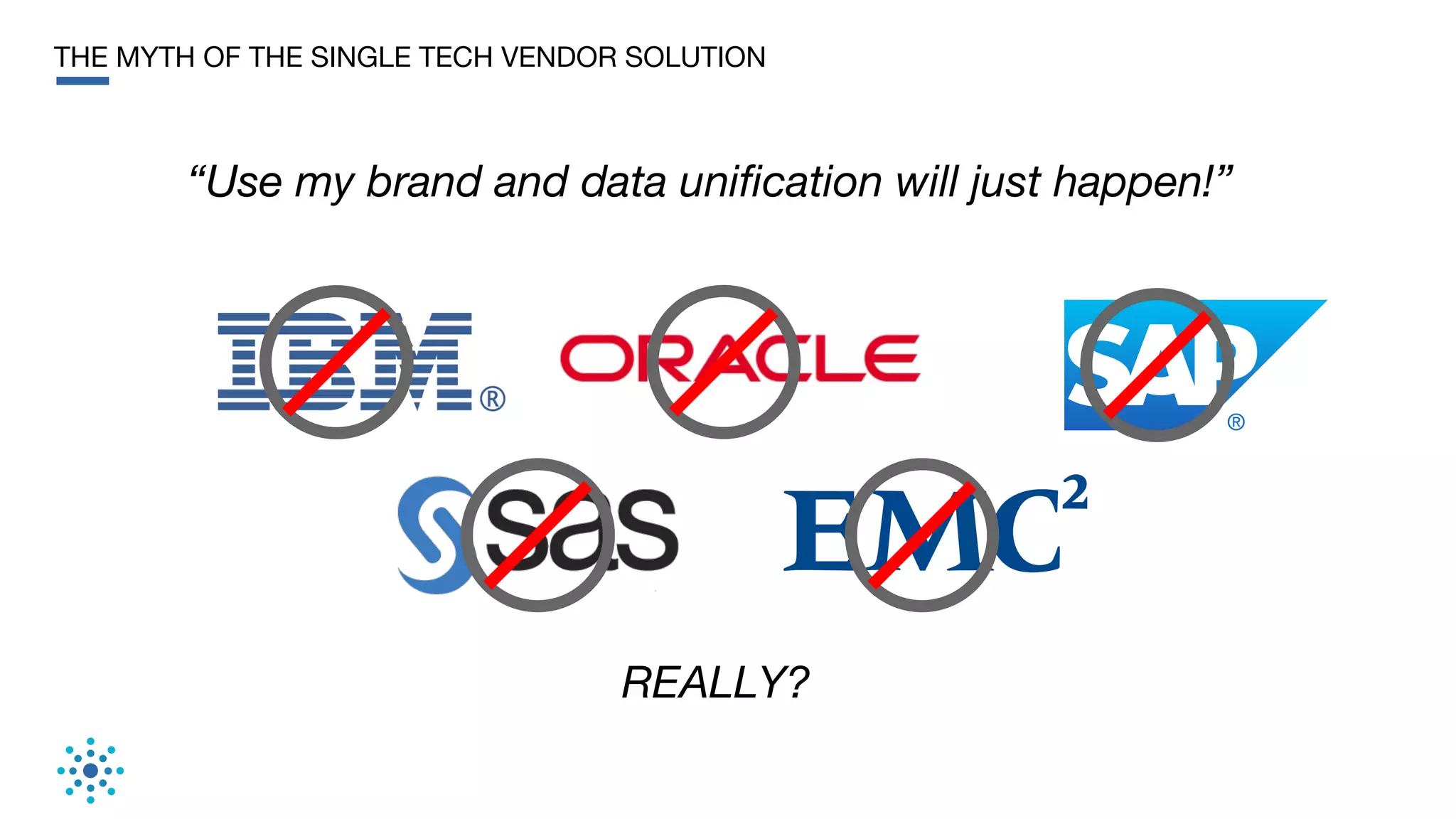 THE MYTH OF THE SINGLE TECH VENDOR SOLUTION
“Use my brand and data unification will just happen!”
REALLY?
 