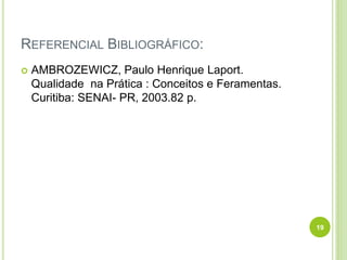 REFERENCIAL BIBLIOGRÁFICO:
 AMBROZEWICZ, Paulo Henrique Laport.
Qualidade na Prática : Conceitos e Feramentas.
Curitiba: SENAI- PR, 2003.82 p.
19
 