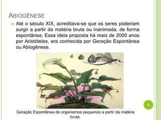 ABIOGÊNESE
 Até o século XIX, acreditava-se que os seres poderiam
surgir a partir da matéria bruta ou inanimada, de forma
espontânea. Essa ideia proposta há mais de 2000 anos
por Aristóteles, era conhecida por Geração Espontânea
ou Abiogênese.
Geração Espontânea de organismos pequenos a partir da matéria
bruta.
5
 