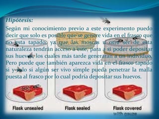 Hipótesis:
Según mi conocimiento previo a este experimento puedo
decir que solo es posible que se genere vida en el frasco que
no esta tapado, ya que las moscas u otro ser de esta
naturaleza tendrán acceso a este, para a sí poder depositar
sus huevos, los cuales más tarde generaran a un individuo.
Pero puede que también aparezca vida en el frasco tapado
si y solo si algún ser vivo simple pueda penetrar la malla
puesta al frasco por lo cual podría depositar sus huevos.

 