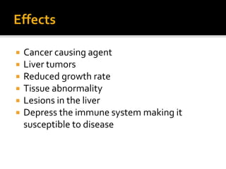  Cancer causing agent
 Liver tumors
 Reduced growth rate
 Tissue abnormality
 Lesions in the liver
 Depress the immune system making it
susceptible to disease
 