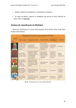 Resumos de Biologia e Geologia (10º e 11º anos) V1.1 Nuno Fernandes 2005/2006
80
 Quando a espécie tem subespécies, a nomenclatura é trinominal.
 Os nomes de géneros, espécies ou subespécies são escritos em letra diferente do
texto: itálico ou sublinhado.
Sistema de classificação de Whittaker
Sistema de classificação em 5 reinos: Reino Animalia, Reino Plantae, Reino Fungi, Reino
Protista e Reino Monera.
Fig. 48 – Classificação em cinco reinos segundo Whittaker
 