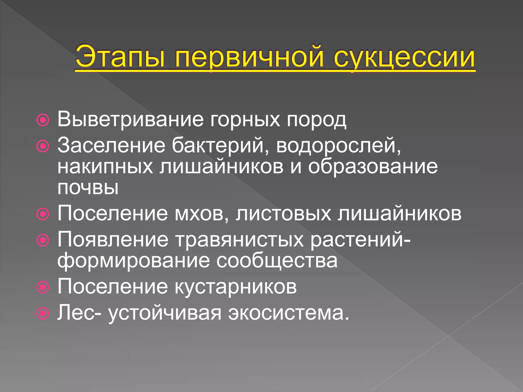  Выветривание горных пород
 Заселение бактерий, водорослей,
накипных лишайников и образование
почвы
 Поселение мхов, листовых лишайников
 Появление травянистых растений-
формирование сообщества
 Поселение кустарников
 Лес- устойчивая экосистема.
 