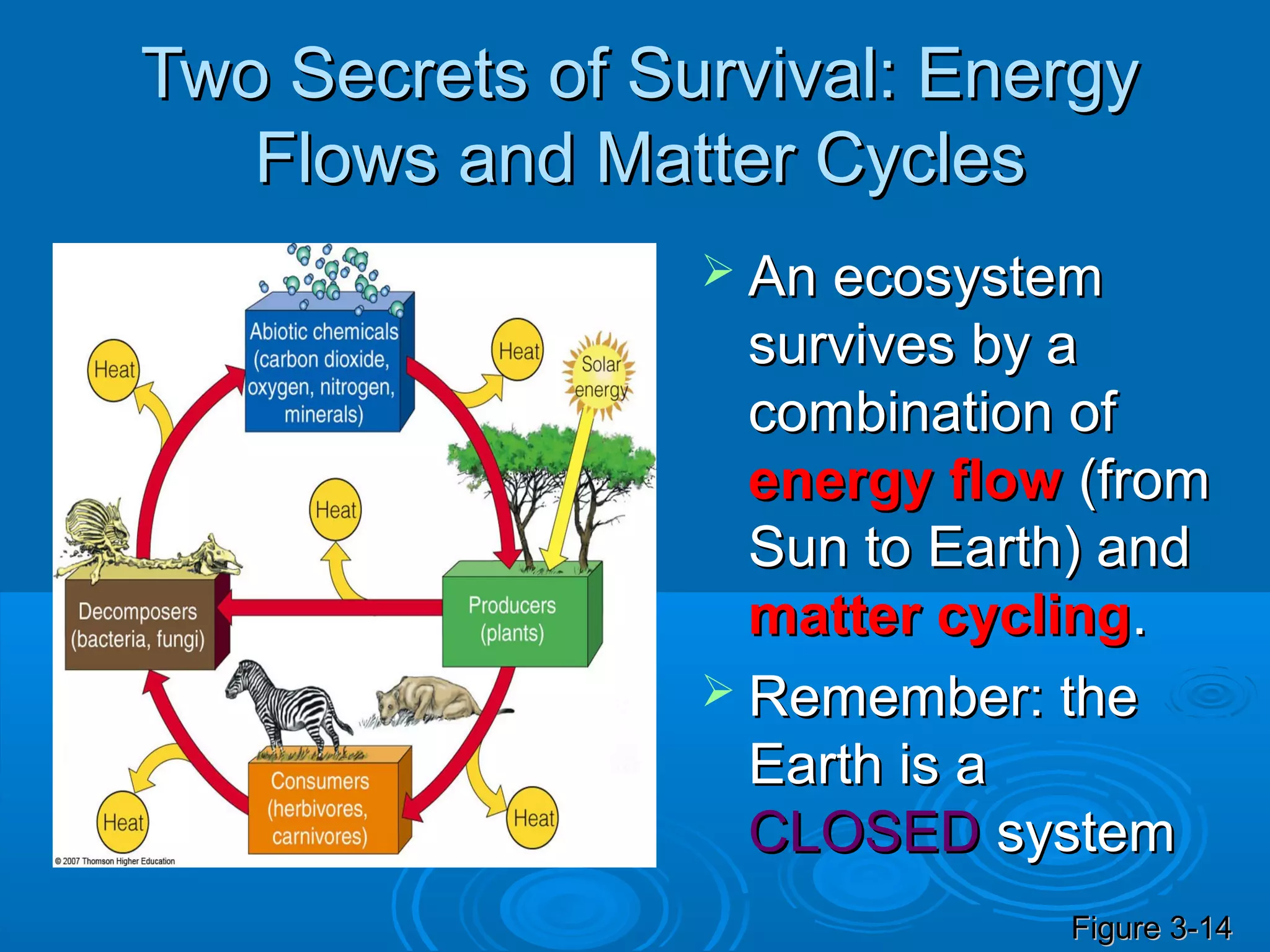Two Secrets of Survival: Energy
   Flows and Matter Cycles
                  An ecosystem
                   survives by a
                   combination of
                   energy flow (from
                   Sun to Earth) and
                   matter cycling.
                  Remember: the
                   Earth is a
                   CLOSED system
                              Figure 3-14
 