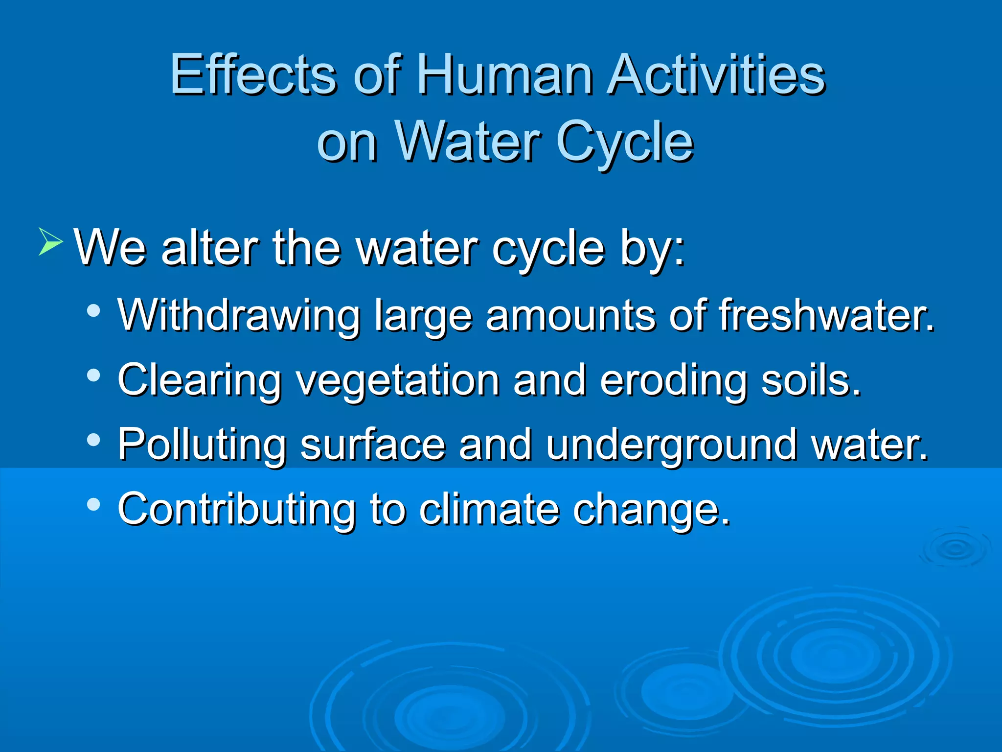 Effects of Human Activities
            on Water Cycle
 We alter the water cycle by:
  
    Withdrawing large amounts of freshwater.
  
    Clearing vegetation and eroding soils.
   Polluting surface and underground water.

   Contributing to climate change.
 