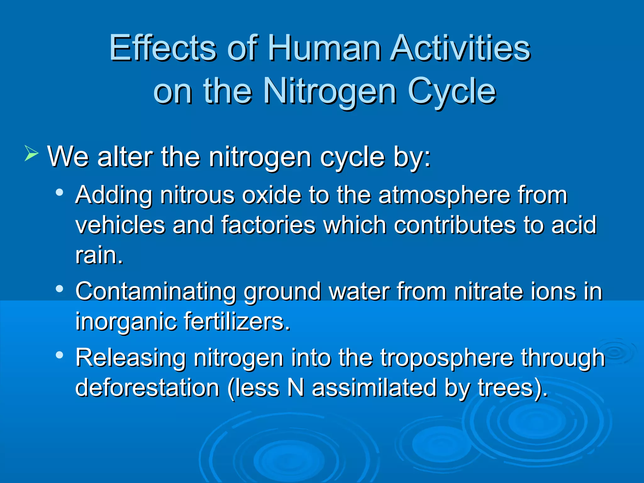 Effects of Human Activities
            on the Nitrogen Cycle
 We alter the nitrogen cycle by:
     Adding nitrous oxide to the atmosphere from
      vehicles and factories which contributes to acid
      rain.
     Contaminating ground water from nitrate ions in
      inorganic fertilizers.
     Releasing nitrogen into the troposphere through
      deforestation (less N assimilated by trees).
 