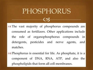 PHOSPHORUS

 The vast majority of phosphorus compounds are
consumed as fertilizers. Other applications include
the

role

detergents,

of

organophosphorus

pesticides

and

compounds

nerve

agents,

in
and

matches.
 Phosphorus is essential for life. As phosphate, it is a
component of DNA, RNA, ATP, and also the

phospholipids that form all cell membranes.

 