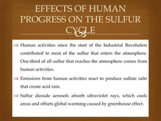 EFFECTS OF HUMAN
PROGRESS ON THE SULFUR
CYCLE

 Human activities since the start of the Industrial Revolution
contributed to most of the sulfur that enters the atmosphere.
One-third of all sulfur that reaches the atmosphere comes from
human activities.
 Emissions from human activities react to produce sulfate salts

that create acid rain.
 Sulfur dioxide aerosols absorb ultraviolet rays, which cools
areas and offsets global warming caused by greenhouse effect.

 