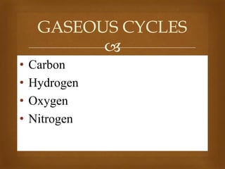 GASEOUS CYCLES

•
•
•
•

Carbon
Hydrogen
Oxygen
Nitrogen

 