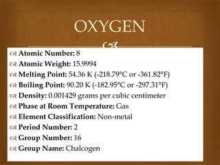 OXYGEN

 Atomic Number: 8
 Atomic Weight: 15.9994
 Melting Point: 54.36 K (-218.79°C or -361.82°F)
 Boiling Point: 90.20 K (-182.95°C or -297.31°F)
 Density: 0.001429 grams per cubic centimeter
 Phase at Room Temperature: Gas
 Element Classification: Non-metal
 Period Number: 2
 Group Number: 16
 Group Name: Chalcogen

 