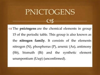 PNICTOGENS

 The pnictogens are the chemical elements in group

15 of the periodic table. This group is also known as
the nitrogen family. It consists of the elements
nitrogen (N), phosphorus (P), arsenic (As), antimony

(Sb), bismuth (Bi) and the synthetic element
ununpentium (Uup) (unconfirmed).

 
