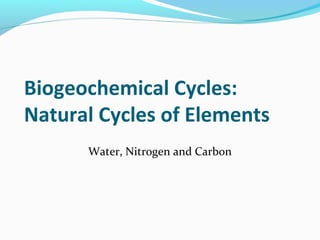 Biogeochemical Cycles:
Natural Cycles of Elements
Water, Nitrogen and Carbon
 