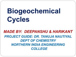 Biogeochemical
Cycles
MADE BY: DEEPANSHU & HARIKANT
PROJECT GUIDE: DR. TANUJA NAUTIYAL
DEPT OF CHEMISTRY
NORTHERN INDIA ENGINEERING
COLLEGE
 