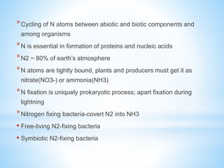 *Cycling of N atoms between abiotic and biotic components and
among organisms
*N is essential in formation of proteins and nucleic acids
*N2 ~ 80% of earth’s atmosphere
*N atoms are tightly bound, plants and producers must get it as
nitrate(NO3-) or ammonia(NH3)
*N fixation is uniquely prokaryotic process; apart fixation during
lightning
*Nitrogen fixing bacteria-covert N2 into NH3
• Free-living N2-fixing bacteria
• Symbiotic N2-fixing bacteria
 