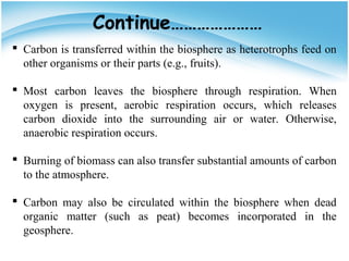 Continue…………………
 Carbon is transferred within the biosphere as heterotrophs feed on
other organisms or their parts (e.g., fruits).
 Most carbon leaves the biosphere through respiration. When
oxygen is present, aerobic respiration occurs, which releases
carbon dioxide into the surrounding air or water. Otherwise,
anaerobic respiration occurs.
 Burning of biomass can also transfer substantial amounts of carbon
to the atmosphere.
 Carbon may also be circulated within the biosphere when dead
organic matter (such as peat) becomes incorporated in the
geosphere.
 