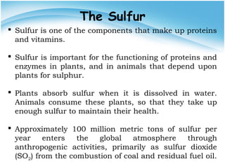 The Sulfur
 Sulfur is one of the components that make up proteins
and vitamins.
 Sulfur is important for the functioning of proteins and
enzymes in plants, and in animals that depend upon
plants for sulphur.
 Plants absorb sulfur when it is dissolved in water.
Animals consume these plants, so that they take up
enough sulfur to maintain their health.
 Approximately 100 million metric tons of sulfur per
year enters the global atmosphere through
anthropogenic activities, primarily as sulfur dioxide
(SO2) from the combustion of coal and residual fuel oil.
 