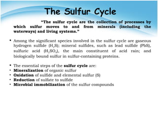 The Sulfur Cycle
“The sulfur cycle are the collection of processes by
which sulfur moves to and from minerals (including the
waterways) and living systems.”
 Among the significant species involved in the sulfur cycle are gaseous
hydrogen sulfide (H2S); mineral sulfides, such as lead sulfide (PbS),
sulfuric acid (H2SO4), the main constituent of acid rain; and
biologically bound sulfur in sulfur-containing proteins.
 The essential steps of the sulfur cycle are:
• Mineralization of organic sulfur
• Oxidation of sulfide and elemental sulfur (S)
• Reduction of sulfate to sulfide
• Microbial immobilization of the sulfur compounds
 