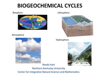 BIOGEOCHEMICAL	
  CYCLES
Reeda	
  Hart	
  
Northern	
  Kentucky	
  University
Center	
  for	
  Integra:ve	
  Natural	
  Science	
  and	
  Mathema:cs
Lithosphere
Hydrosphere
Biosphere
Atmosphere
 